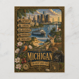 Postal Saludos desde Michigan   Arte Retro Vintage