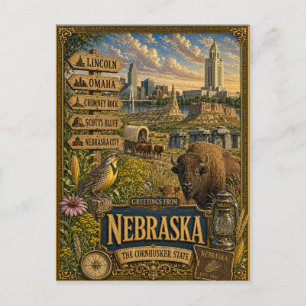 Postal Saludos desde Nebraska   Arte Retro Vintage