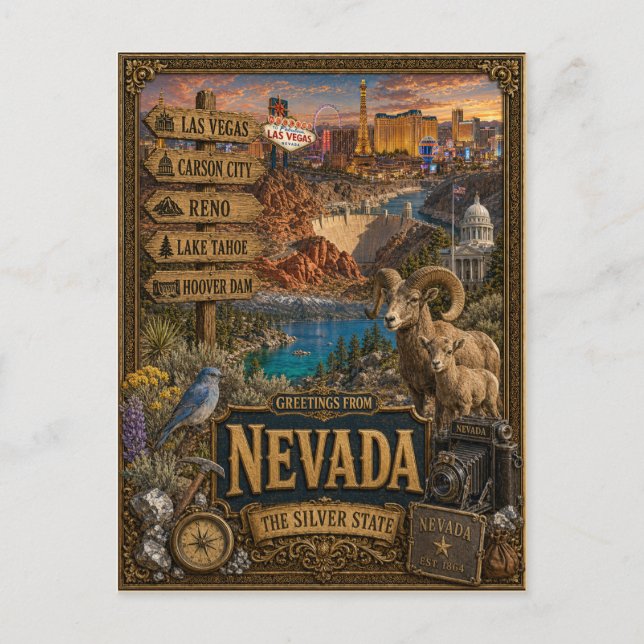 Postal Saludos desde Nevada | Arte Retro Vintage (Anverso)