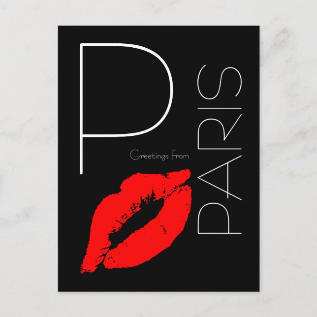 Postal Saludos desde París del rojo del pintalabios negro (Anverso)