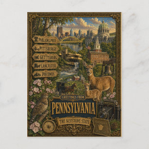 Postal Saludos desde Pensilvania   Arte Retro Antiguo