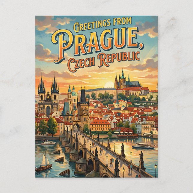 Postal Saludos desde Praga República Checa Estilo Vintage (Anverso)