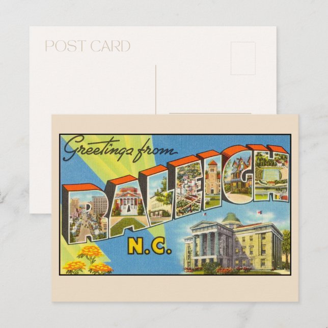 Postal Saludos desde Raleigh Carolina del Norte Letra Gra (Anverso / Reverso)