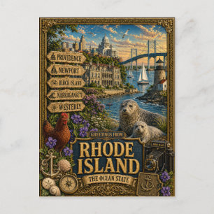 Postal Saludos desde Rhode Island Arte Retro Vintage