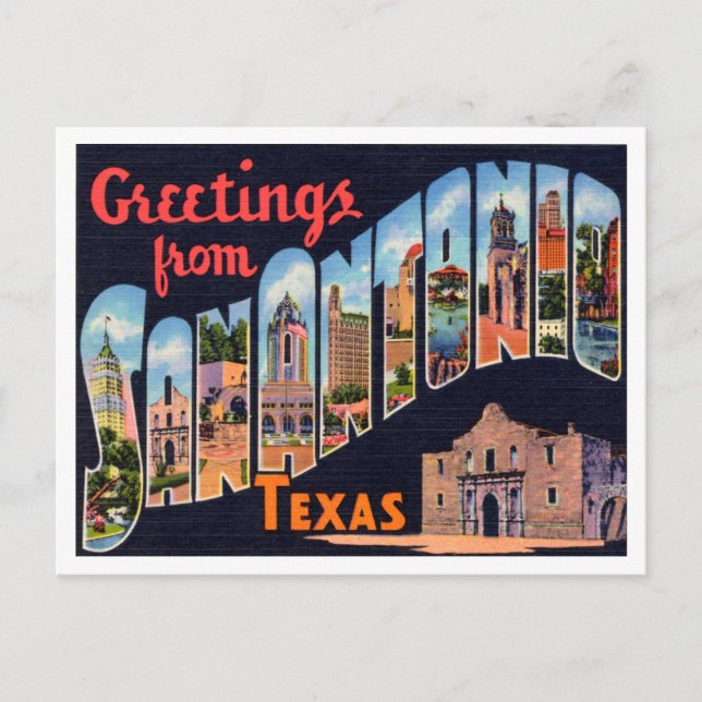 Postal Saludos desde San Antonio, Texas Vintage Travel (Anverso)