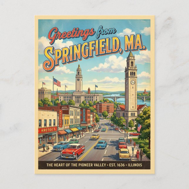 Postal Saludos desde Springfield MA al estilo vintage (Anverso)