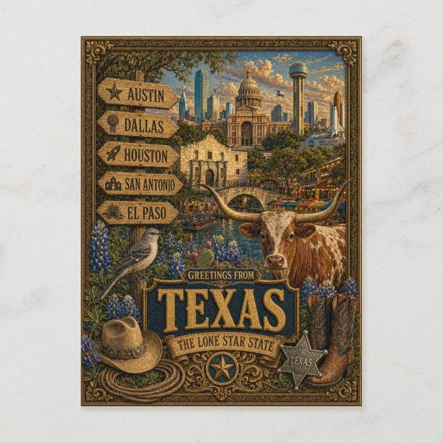 Postal Saludos desde Texas | Arte Retro Vintage (Anverso)