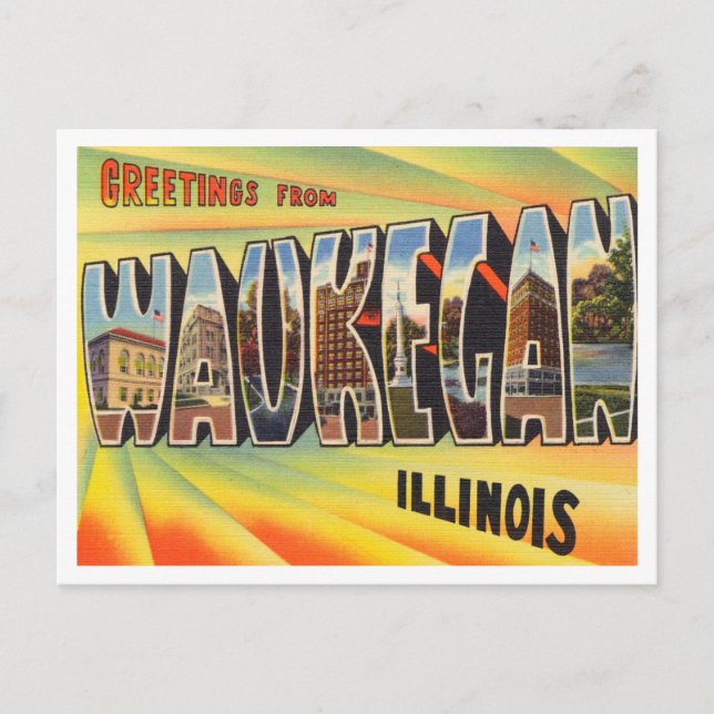 Postal Saludos desde Waukegan, Viaje de la Vieja Illinois (Anverso)