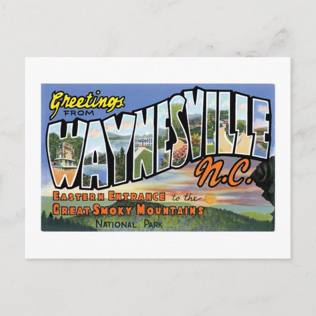 Postal ¡Saludos desde Waynesville, Carolina del Norte! (Anverso)