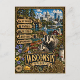 Postal Saludos desde Wisconsin | Arte Retro Vintage