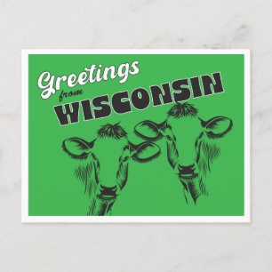 Postal Saludos desde Wisconsin con dibujos de vacas antig