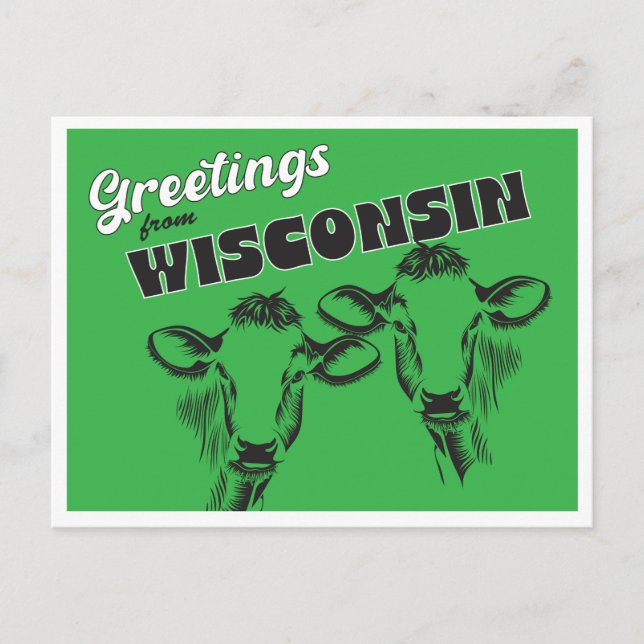 Postal Saludos desde Wisconsin con dibujos de vacas antig (Anverso)