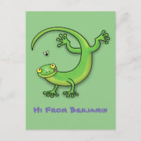 Saludos felices de gecko verde lindo con personali