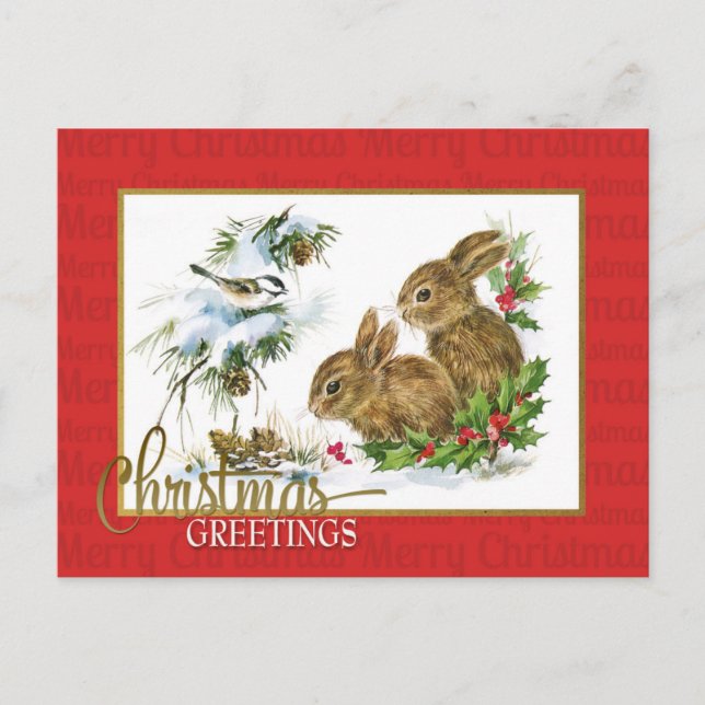 Postal Saludos navideños Bunnies Reproducción Vintage (Anverso)