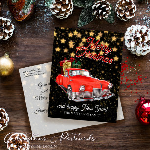 Postal Saludos navideños de Vintage Santa Delivery Car