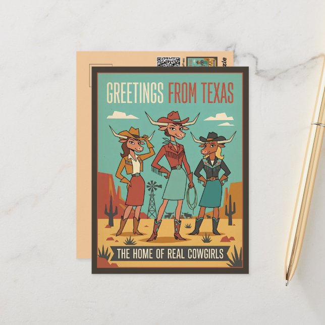 Postal Saludos Retro de Vaqueras de Texas Viajeras (Anverso/Reverso In Situ)