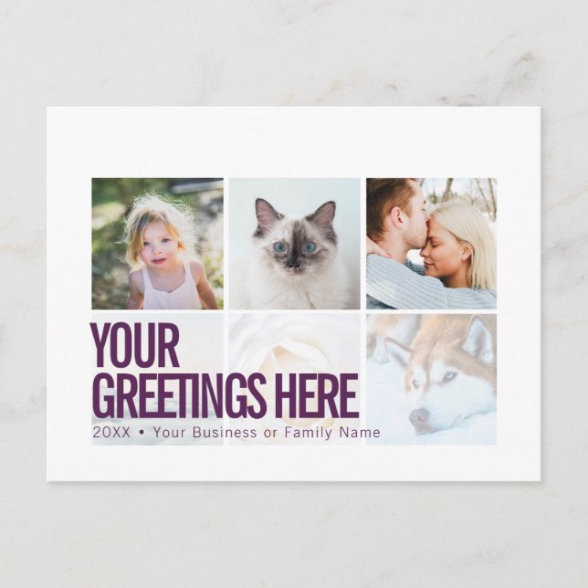 Postal Saludos universales modernos de blanco y púrpura 6 (Anverso)