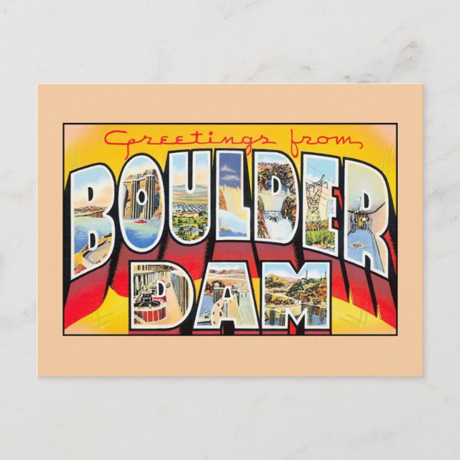 Postal Saludos vintage de Boulder (Hoover) Dam Nevada (Anverso)