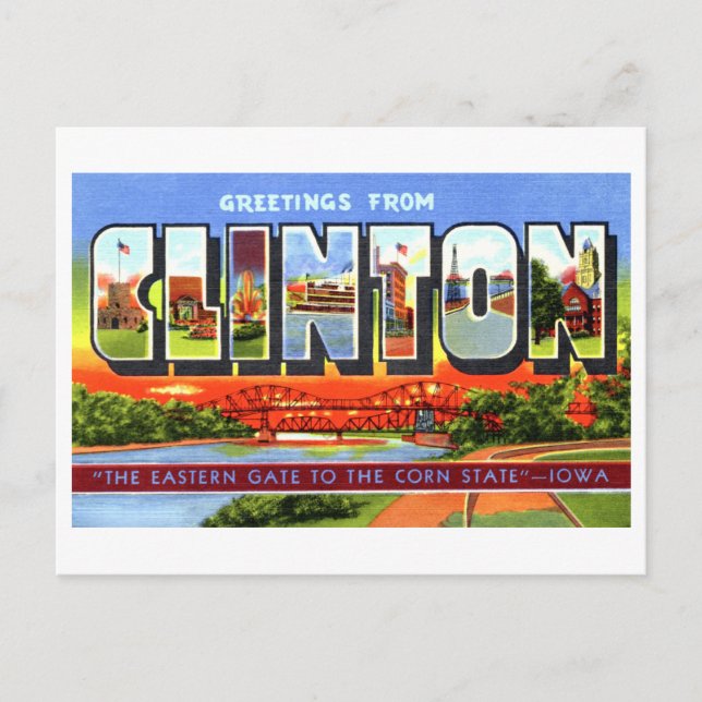 Postal Saludos vintage de Clinton, Iowa, (Anverso)