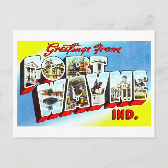 Postal Saludos vintage de Fort Wayne, Indiana (Anverso)