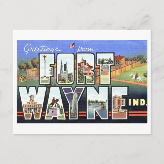 Postal Saludos vintage de Fort Wayne, Indiana (Anverso)