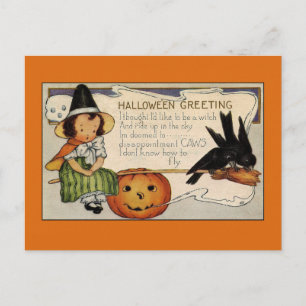 Postal Saludos vintage de Halloween Bruja adorable