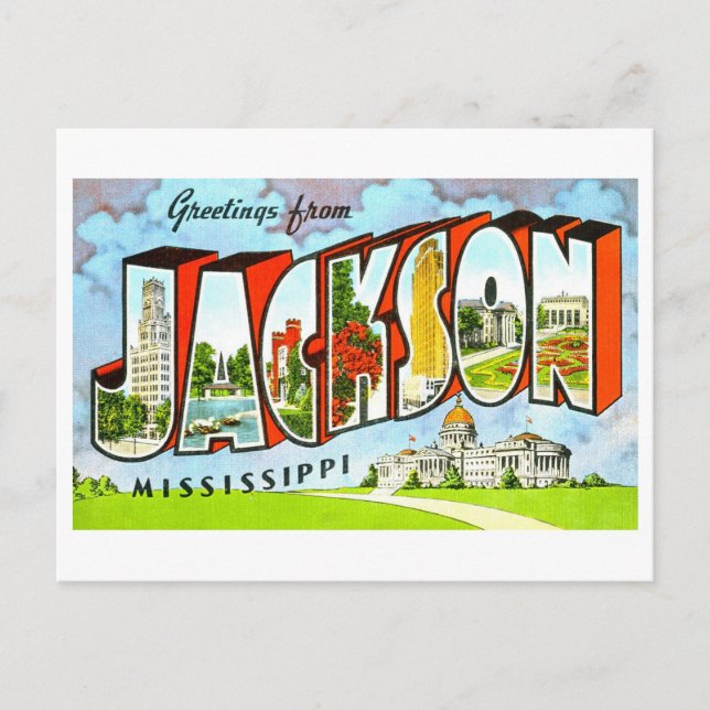 Postal Saludos vintage de Jackson, Misisipi, (Anverso)