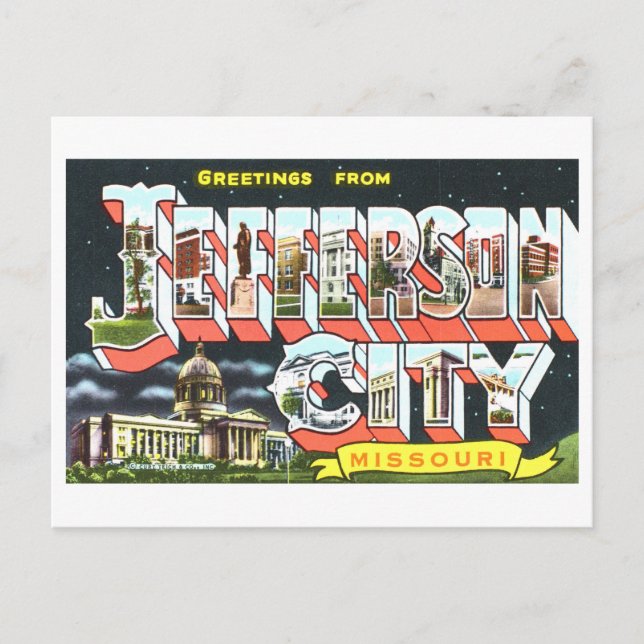 Postal Saludos vintage de Jefferson City, Misuri, (Anverso)