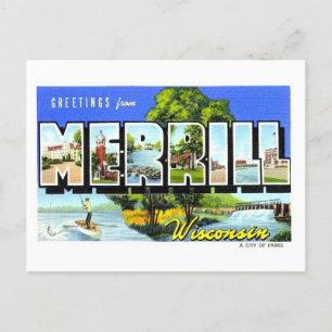 Postal Saludos vintage de Merrill, Wisconsin,