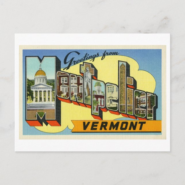 Postal Saludos vintage de Montpelier, Vermont (Anverso)