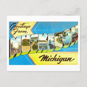 Postal Saludos vintage de Muskegon, Michigan,