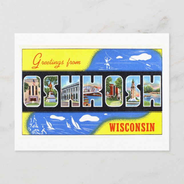Postal Saludos vintage de Oshkosh, Wisconsin, (Anverso)