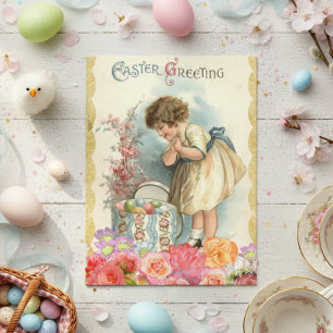 Postal Saludos vintage de Pascua Niña primaveral Huevos F