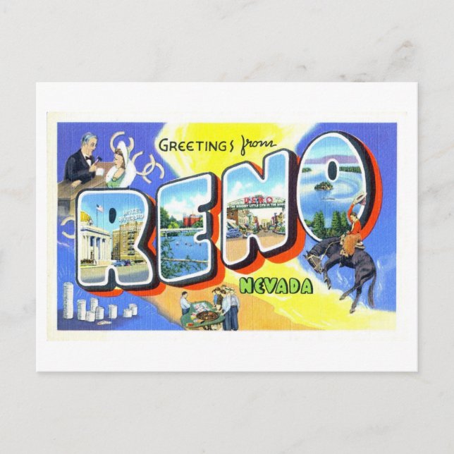 Postal Saludos vintage de Reno, Nevada, (Anverso)