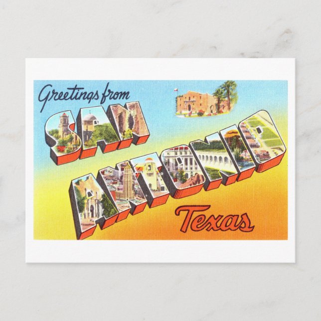 Postal Saludos vintage de San Antonio, Texas (Anverso)