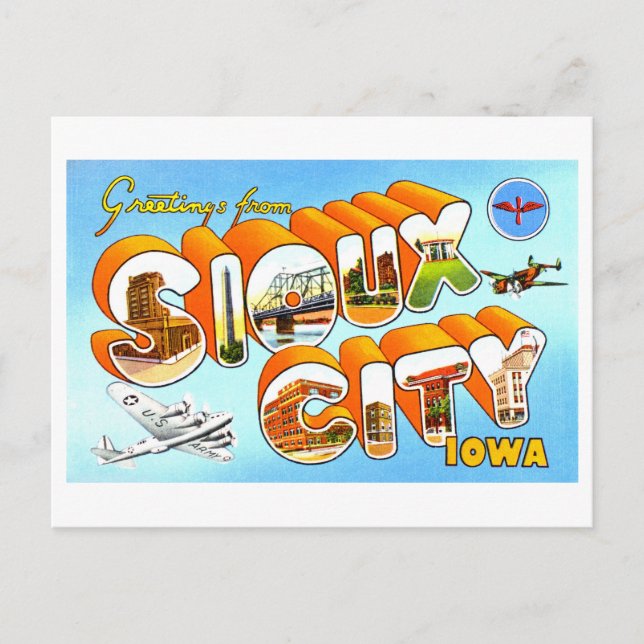 Postal Saludos vintage de Sioux City, Iowa, (Anverso)
