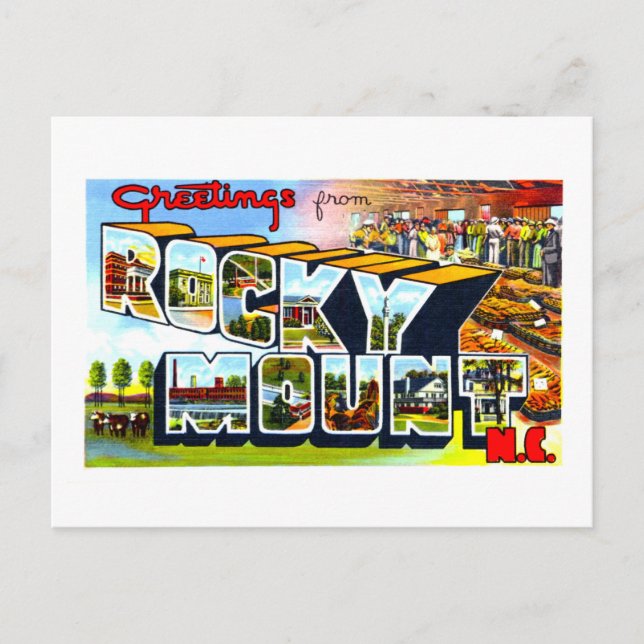Postal Saludos vintage desde el Monte Rocky, NC, (Anverso)