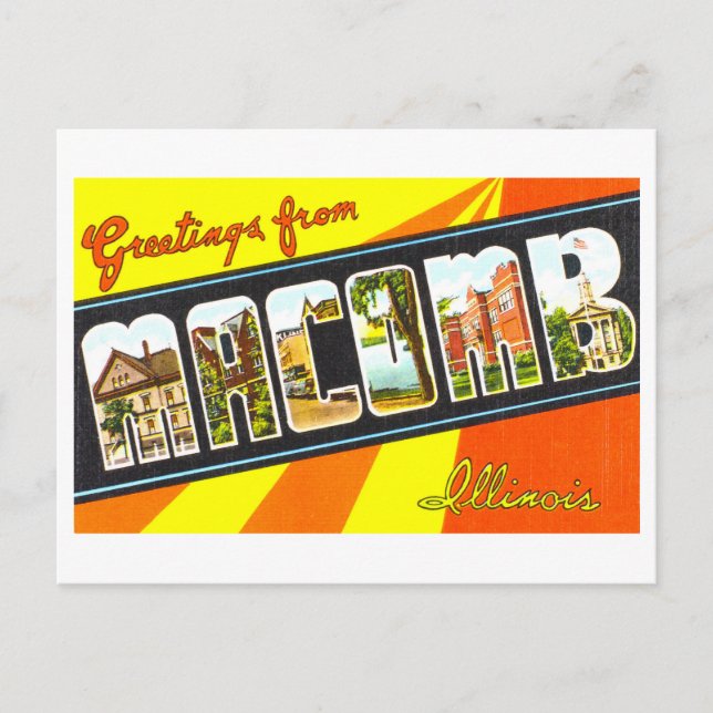 Postal Saludos vintage desde Macomb, Illinois, (Anverso)