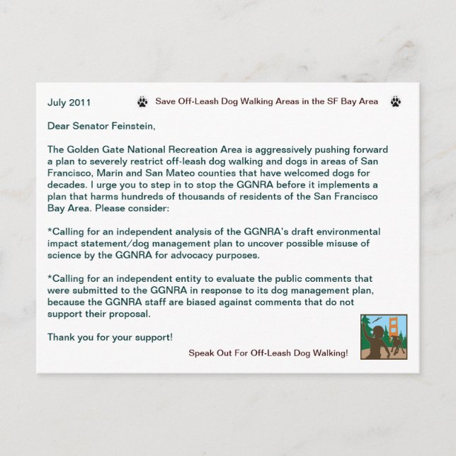 Postal Salven al perro leash Camina Senador Feinstein (Anverso)