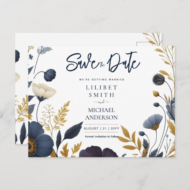 Postal Salven la cita Navy Yellow Gold Floral Elegante (Anverso / Reverso)