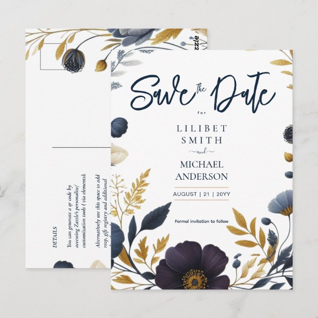 Postal Salven la cita Navy Yellow Gold Floral Elegante (Anverso / Reverso)