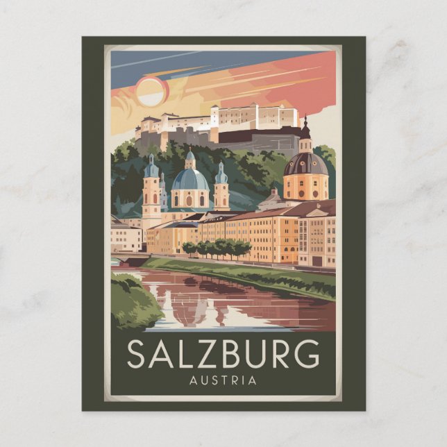Postal Salzburgo Austria Ilustracion Viaje Arte Vintage (Anverso)