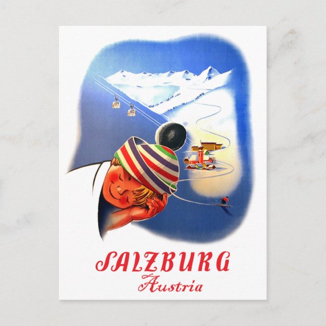 Postal Salzburgo, Austria. Niño que sueña con esquiar (Anverso)