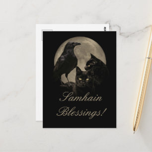 Postal Samhain Cuervo y Gata Negra Pagana