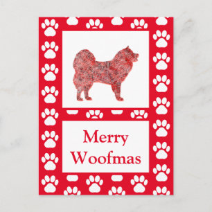 Postal Samoyed Cachorro Lindo Silueta Roja Feliz Navidad