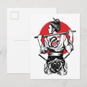 Postal Samurái Femenina Dragón Rosa – Guerrera Japonesa