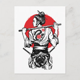 Postal Samurái Femenina Dragón Rosa – Guerrera Japonesa