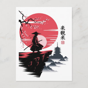 Postal Samurái Gato Negro Guerrero Japonés Vintage