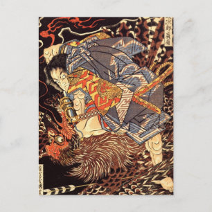 Postal Samurai matando a Tengu/pájaro pintando, c. Años 1