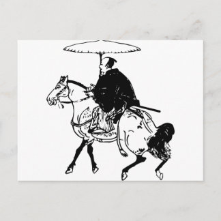 Postal Samurai que monta un caballo con el paraguas,